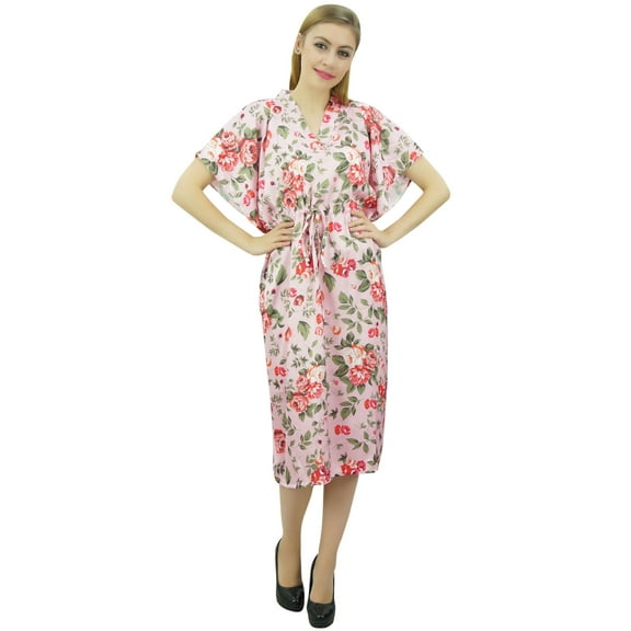 Bimba Women's Pink Floral Mid Calf Length Drawstring Kimono Kaftan Dress - 14