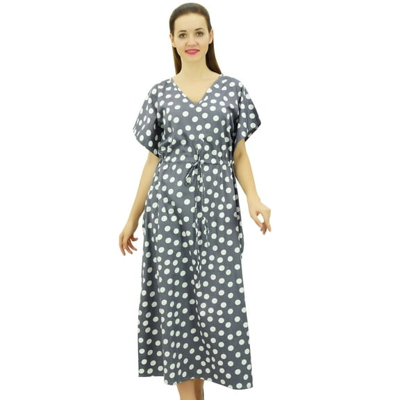 Bimba Women's Polka Dot Caftan Dress Long Maxi Boho Kaftan Cover up with Drawstring Waist, Gray, 24
