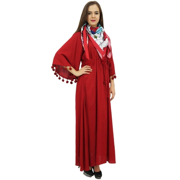 Bimba Women's Pom Pom Bell Sleeves Casual Maroon Loose Maxi Dress With Scarf - 12
