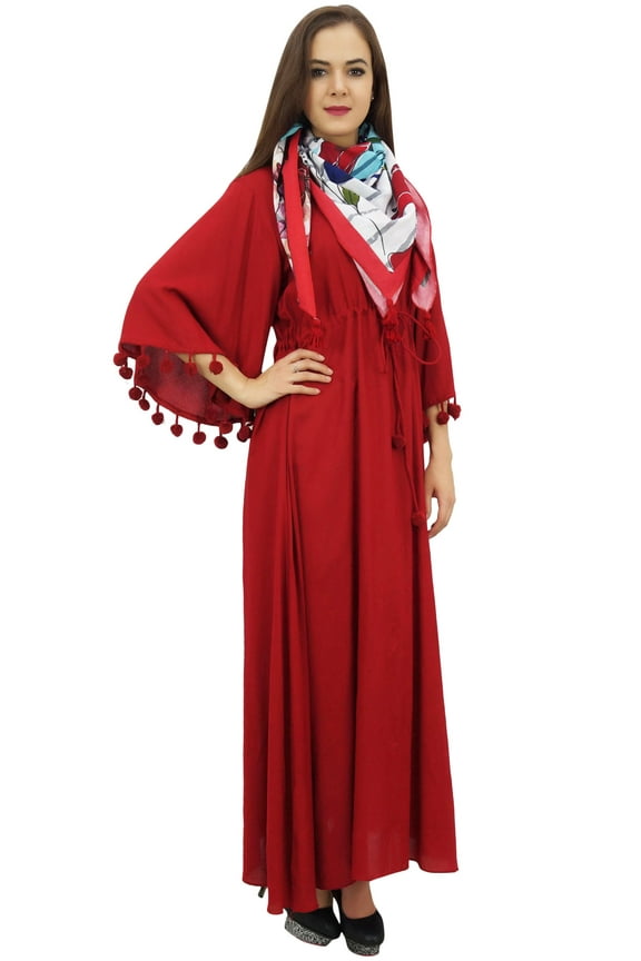 Women's Pom Pom Bell Sleeves Casual Maroon Loose Maxi Dress With Scarf - 18