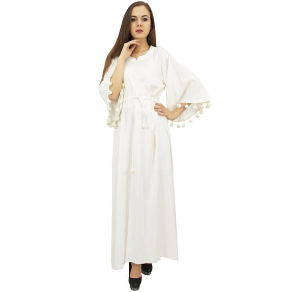 Bimba Women's Pom Pom Bell Sleeves Casual Off - White Maxi Dress With Scarf - 6