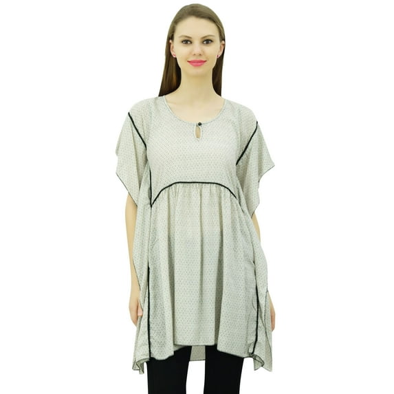 Bimba Women's Printed Pattern Loose Casual Kaftan Tunic Boho Style Top With Side Dori