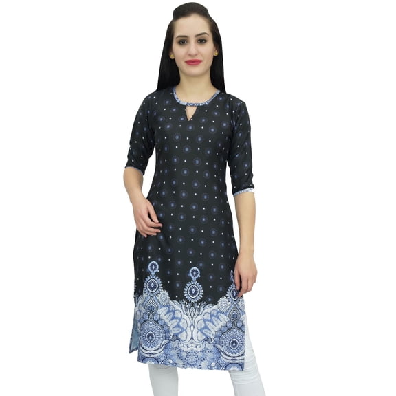 Bimba Women's Printed Tunic Black Georgette Kurti Kurta Indian Long Blouse-30