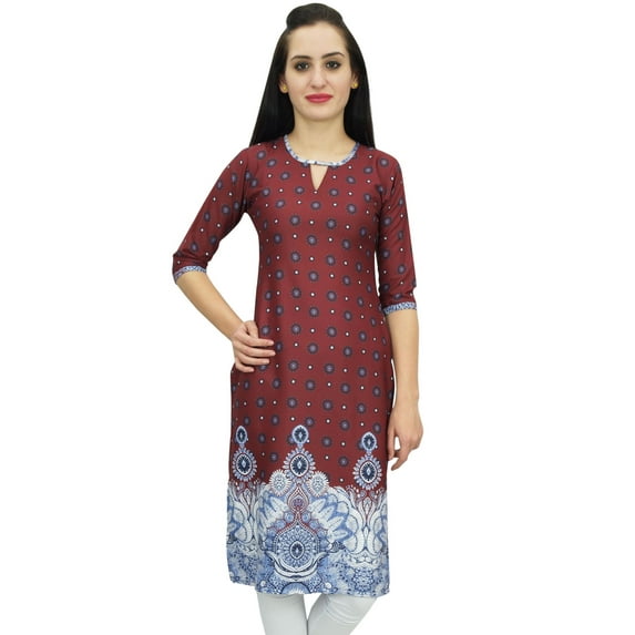 Bimba Women's Printed Tunic Brown Georgette Kurti Kurta Indian Long Blouse-8
