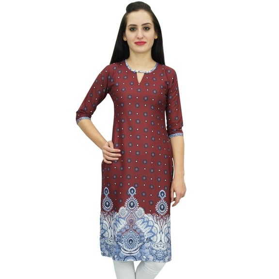 Bimba Women's Printed Tunic Brown Georgette Kurti Kurta Indian Long Blouse-8