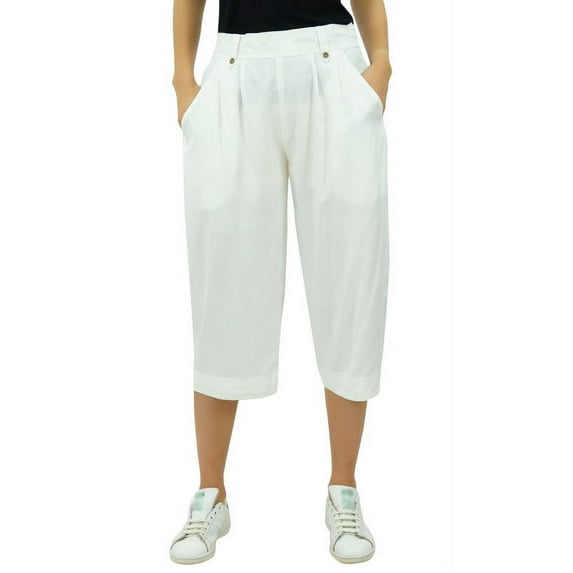 Bimba Women's Rayon Capri Culottes with Back Elastic Casual Summer Pants With Pockets White - X-Large
