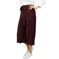 Bimba Women's Rayon Capri Wide Leg Culottes with Back Elastic Casual Summer Pants With Belt Maroon - Small