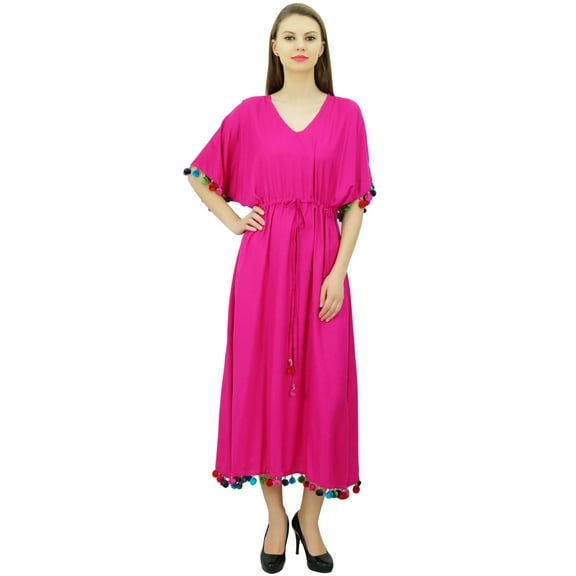 Bimba Women's Rayon Long Kaftan Dress With Pom Pom Designer Chic Maxi Caftan