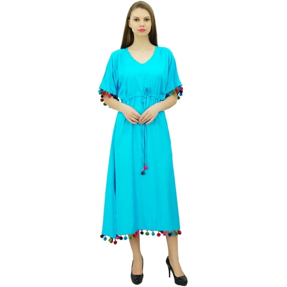 Bimba Women's Rayon Long Kaftan Dress With Pom Pom Designer Chic Maxi Caftan