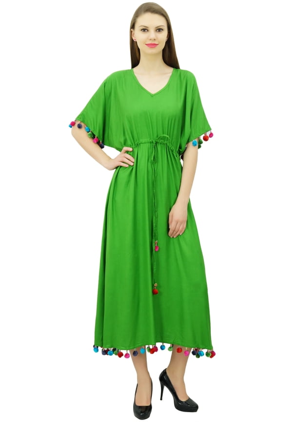 Women's Rayon Long Kaftan Dress With Pom Pom Designer Chic Maxi Caftan