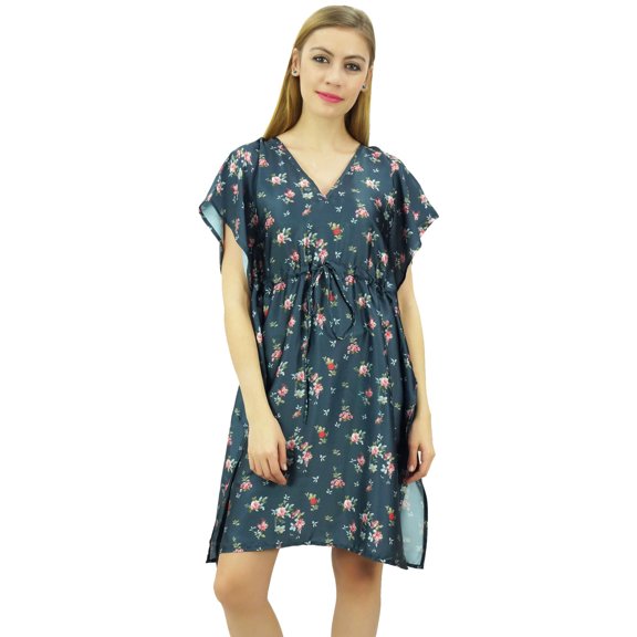 Bimba Women's Satin Kimono Floral Gray Bridesmaid Drawstring Cover Up Kaftan-14