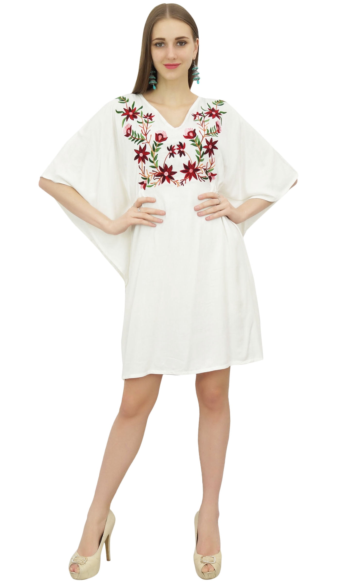Bimba Women's Short Rayon Kaftan Kimono - Frill Sleeve Cover Up Dress In Off White - View #2