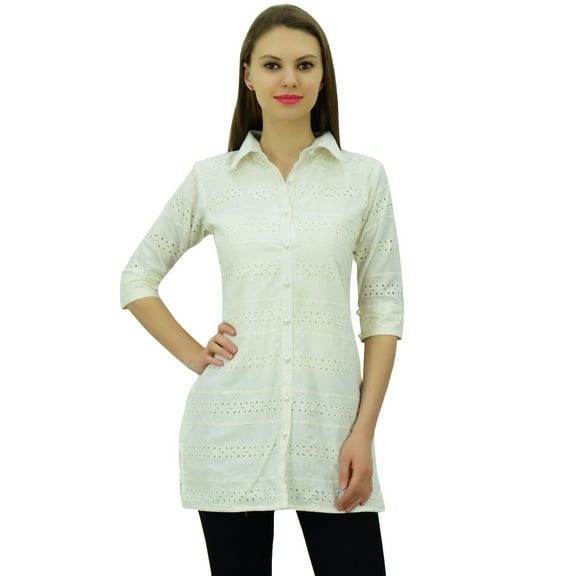 Bimba Women's Solid Cotton Tunic Shirt 3/4 Sleeve Short Kurti Collar Neck Top