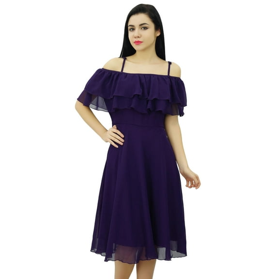 Bimba Women's Solid Georgette Off Shoulder Ruffle Plain Shift Dress