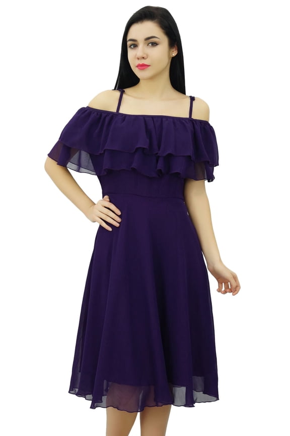 Women's Solid Georgette Off Shoulder Ruffle Plain Shift Dress
