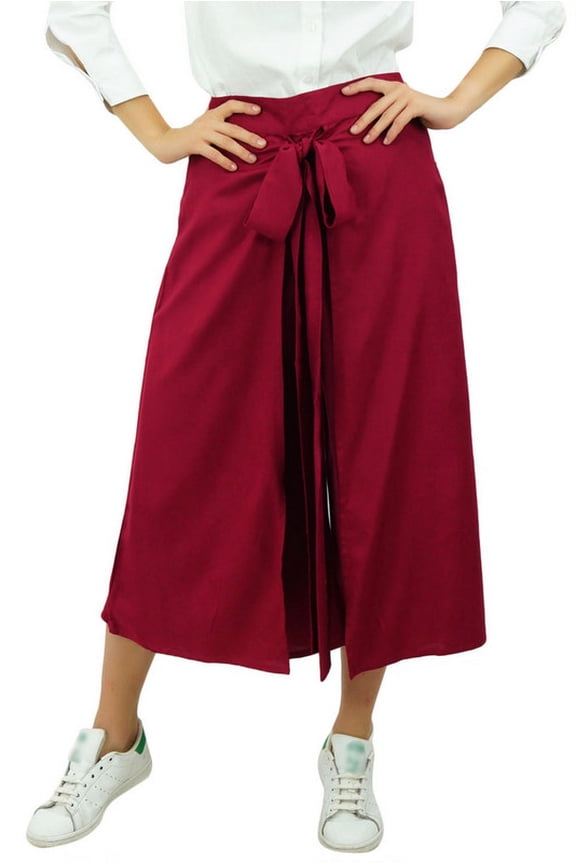 Women's Solid Rayon Fisherman Style Tie Knot Pants Elastic Waist Culotte Palazzo Maroon - Large