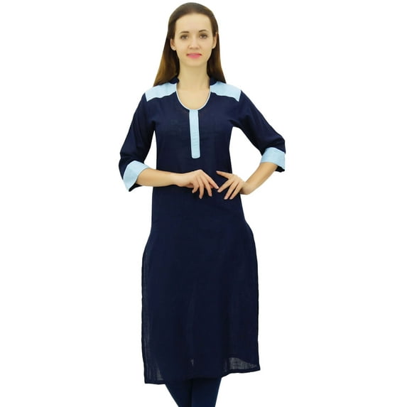Bimba Women's Straight Kurta Slub Cotton Kurti Indian Long Tunic Blouse , Navy Blue, 10