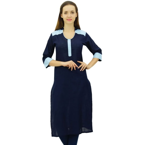 Bimba Women's Straight Kurta Slub Cotton Kurti Indian Long Tunic Blouse , Navy Blue, 20