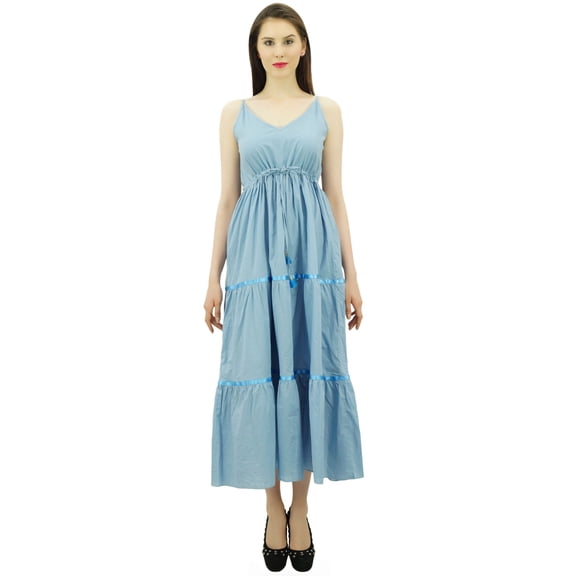 Bimba Women's Sundress Long Maxi Drawstring Waist Spaghetti Strap Dresses