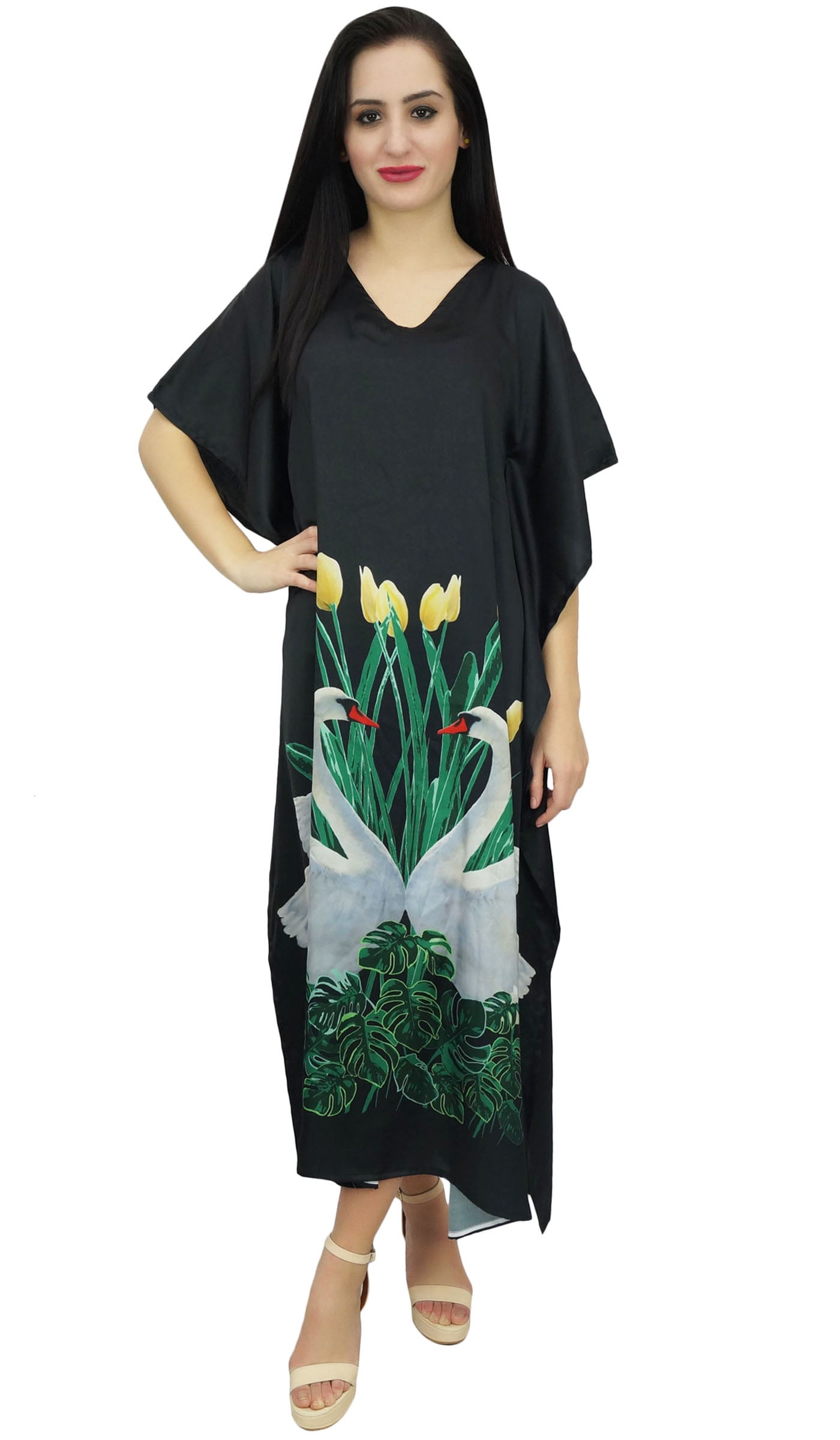 Bimba Flamingo Stampato Black Satin Maxi Caftano Kimono Coverup Caftano