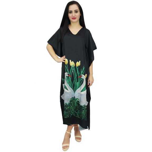 Bimba Women's Swan Print Black Satin Maxi Kaftan Party Beach Coverup Caftan-6