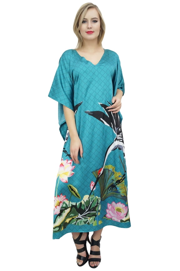 Women's Teal Blue Floral Bird Print Satin Maxi Kaftan Coverup Caftan-18