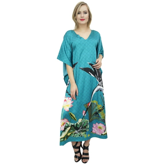 Bimba Women's Teal Blue Floral Bird Print Satin Maxi Kaftan Coverup Caftan-4
