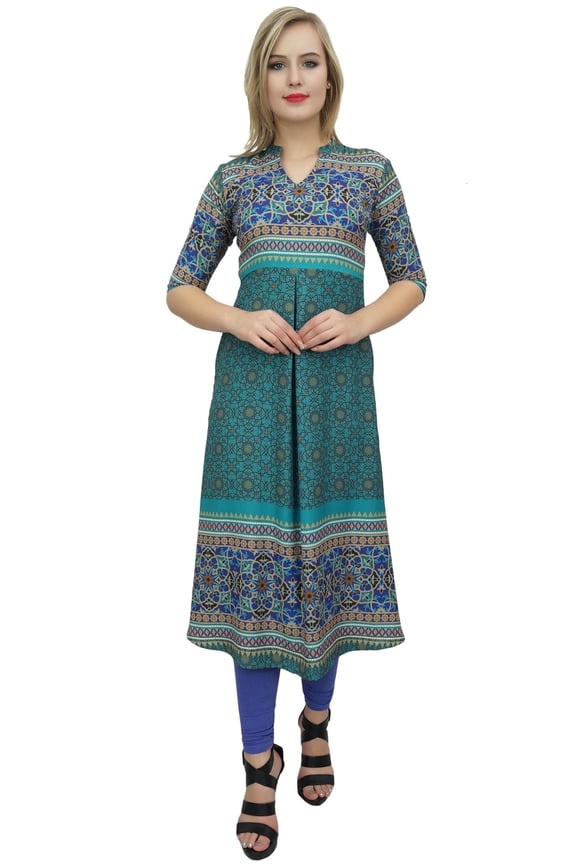 Women's Teal Green Designer Tunic Printed A-Line Kurti Kurta Dress-22
