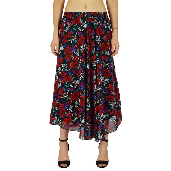 Bimba Women's Tricolor Flaired Cotton Boho Summer Skirt Elastic Waist Mid-Calf Ruffle Skirts