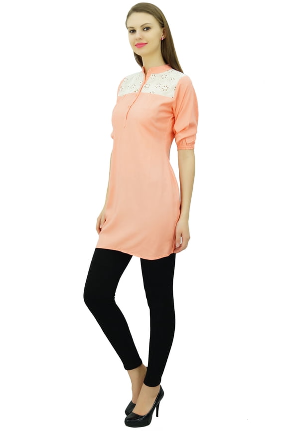 Women's Tunic Top Short Rayon Kurti Sleeve Kurta With Mandarin Collar