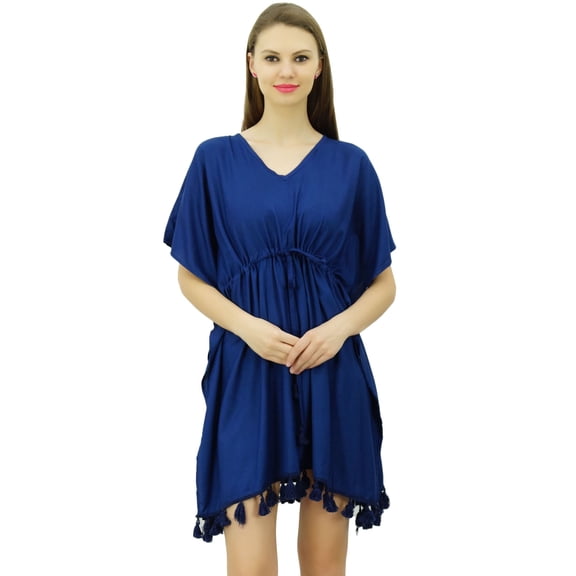 Bimba Women's V-Neck Tassel Kaftan Short Drawstring Waist Caftan Beachwear Coverup Dress