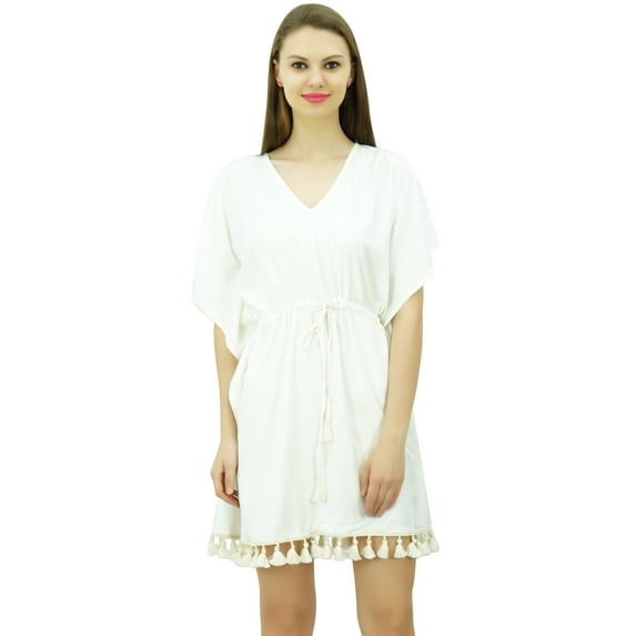 Bimba Women's V-Neck Tassel Kaftan Short Drawstring Waist Caftan Beachwear Coverup Dress