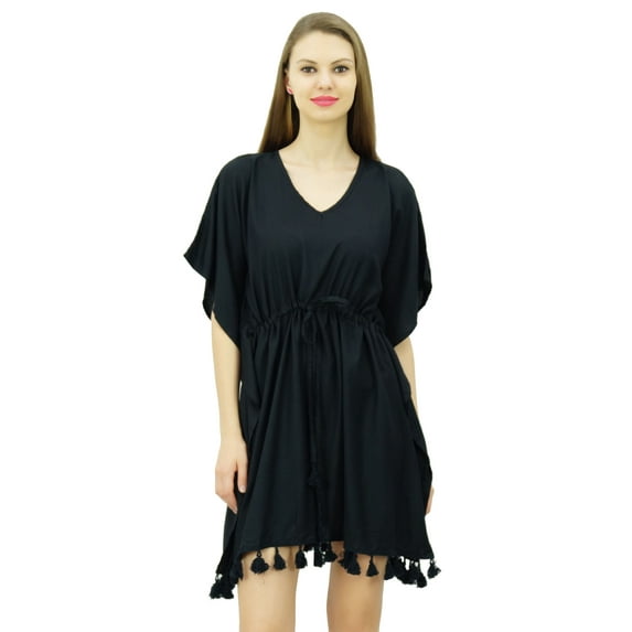 Bimba Women's V-Neck Tassel Kaftan Short Drawstring Waist Caftan Beachwear Coverup Dress