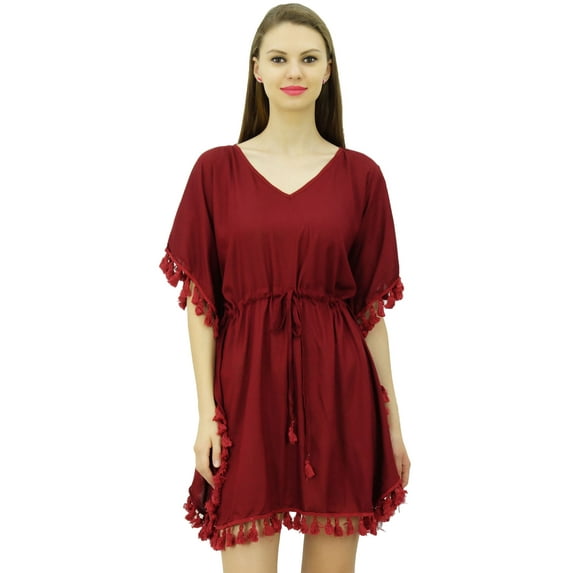 Bimba Women's V Neck Tassel Kaftan Short Rayon Caftan Designer Beachwear Coverup Dress