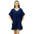thumbnail image 1 of Bimba Women's V Neck Tassel Kaftan Short Rayon Caftan Designer Beachwear Coverup Dress, 1 of 8