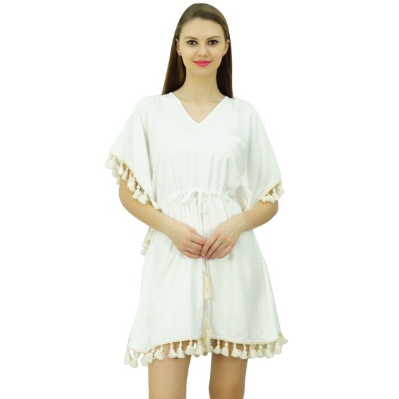 Bimba Women's V Neck Tassel Kaftan Short Rayon Caftan Designer Beachwear Coverup Dress