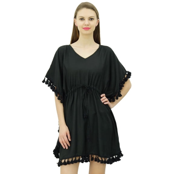 Bimba Women's V Neck Tassel Kaftan Short Rayon Caftan Designer Beachwear Coverup Dress