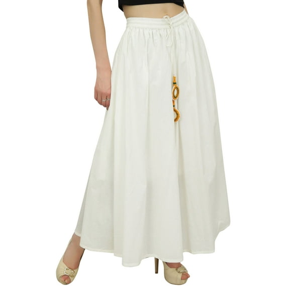 Bimba Women's White Bohemian Style Elastic Waist Cotton Skirt With Tassels-2XL