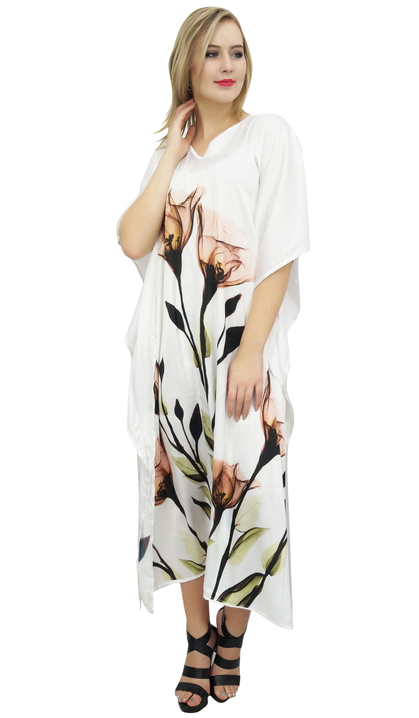 Bimba Flamingo Stampato Black Satin Maxi Caftano Kimono Coverup Caftano