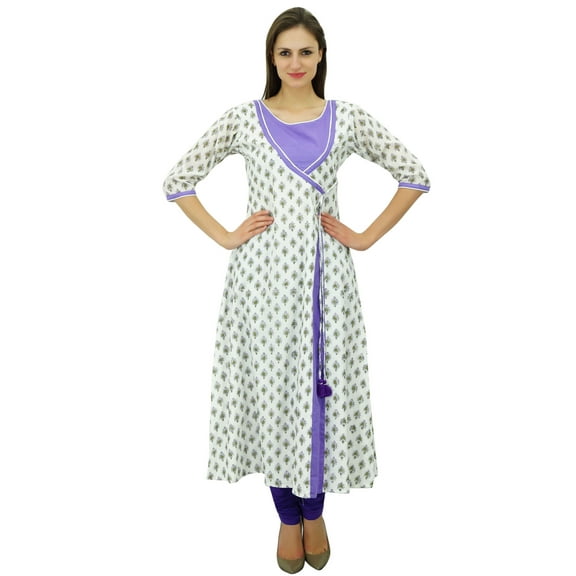 Bimba Women's White Kurti Angrakha Style Cotton Ladies Long Kurta Indian Ethnic Clothing