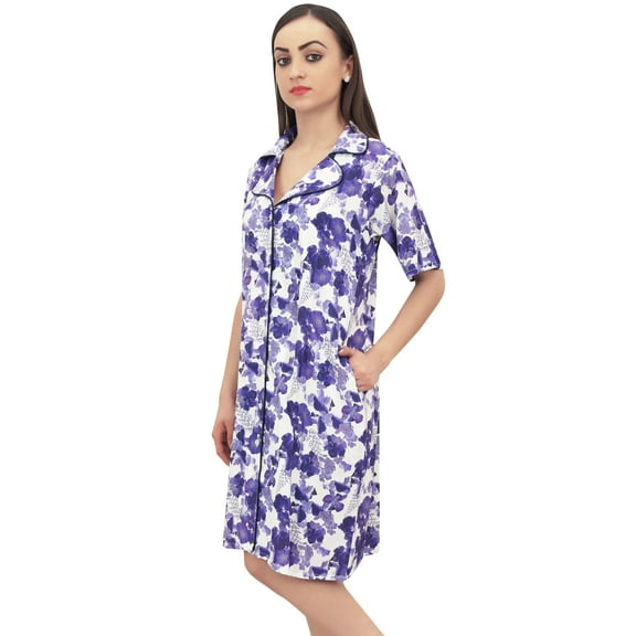 Bimba Women's White Rayon Sleepwear Button Down Blue Floral Print Sleepshirt - 8