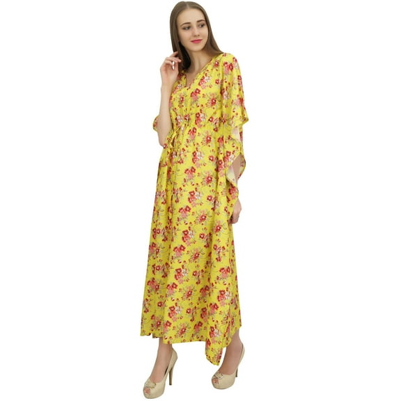 Bimba Women's Yellow Floral Printed Beach Long Coverup Maxi Dress Caftan-4