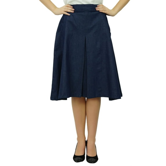 Bimba Women's a-line Denim Pleated Blue Skirt With Pockets and Side Zip Closure