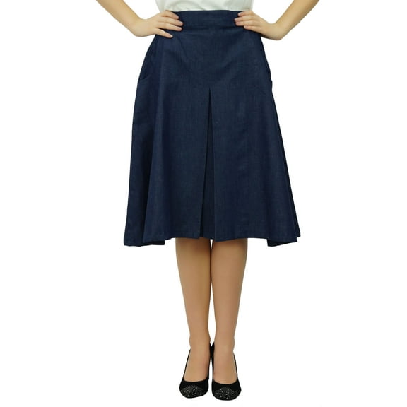 Bimba Women's a-line Denim Pleated Blue Skirt With Pockets and Side Zip Closure