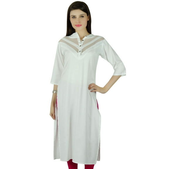 Bimba Womens 3/4 Sleeve Straight Kurti Casual Fancy Kurta Blouse White Tunic