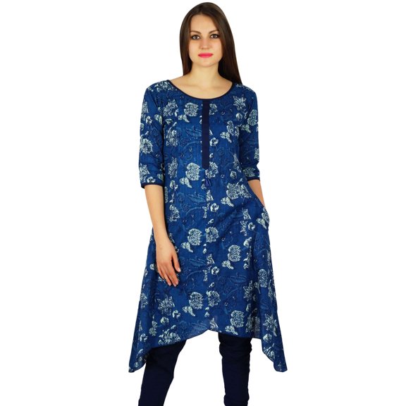 Bimba Womens Asymmetrical Kurta Regular Fit Cotton Kurti Tunic With Pockets - Blue