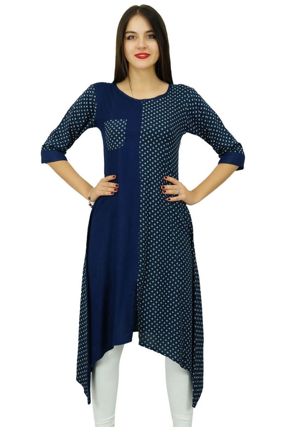 Womens Asymmetrical Long Tunic Blue Casual Kurta Kurti 3/4 Sleeve Dress