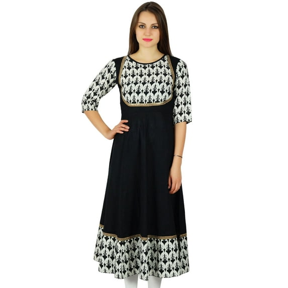 Bimba Womens Black Anarkali Kurta Long Maxi Kurti 3/4 Sleeve Indian Ethnic Clothing