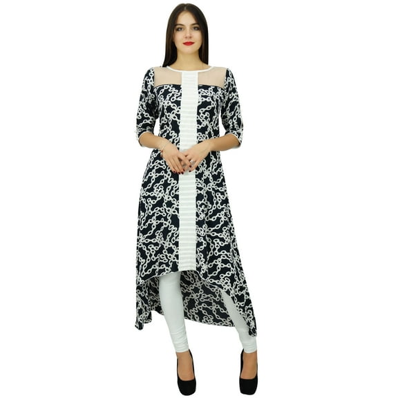 Bimba Womens Black Asymmetral Dress 3/4 Sleeve Rayon Kurta Printed Designer Kurti
