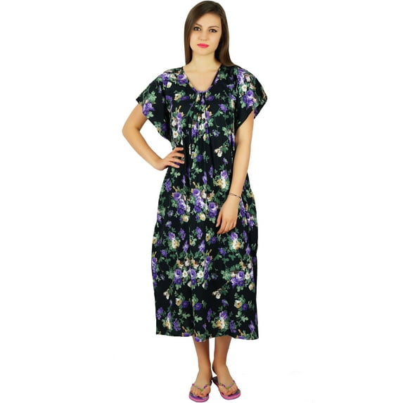 Bimba Womens Black Maxi Cotton Kaftan Long Caftan Drawstring Waist Night Wear